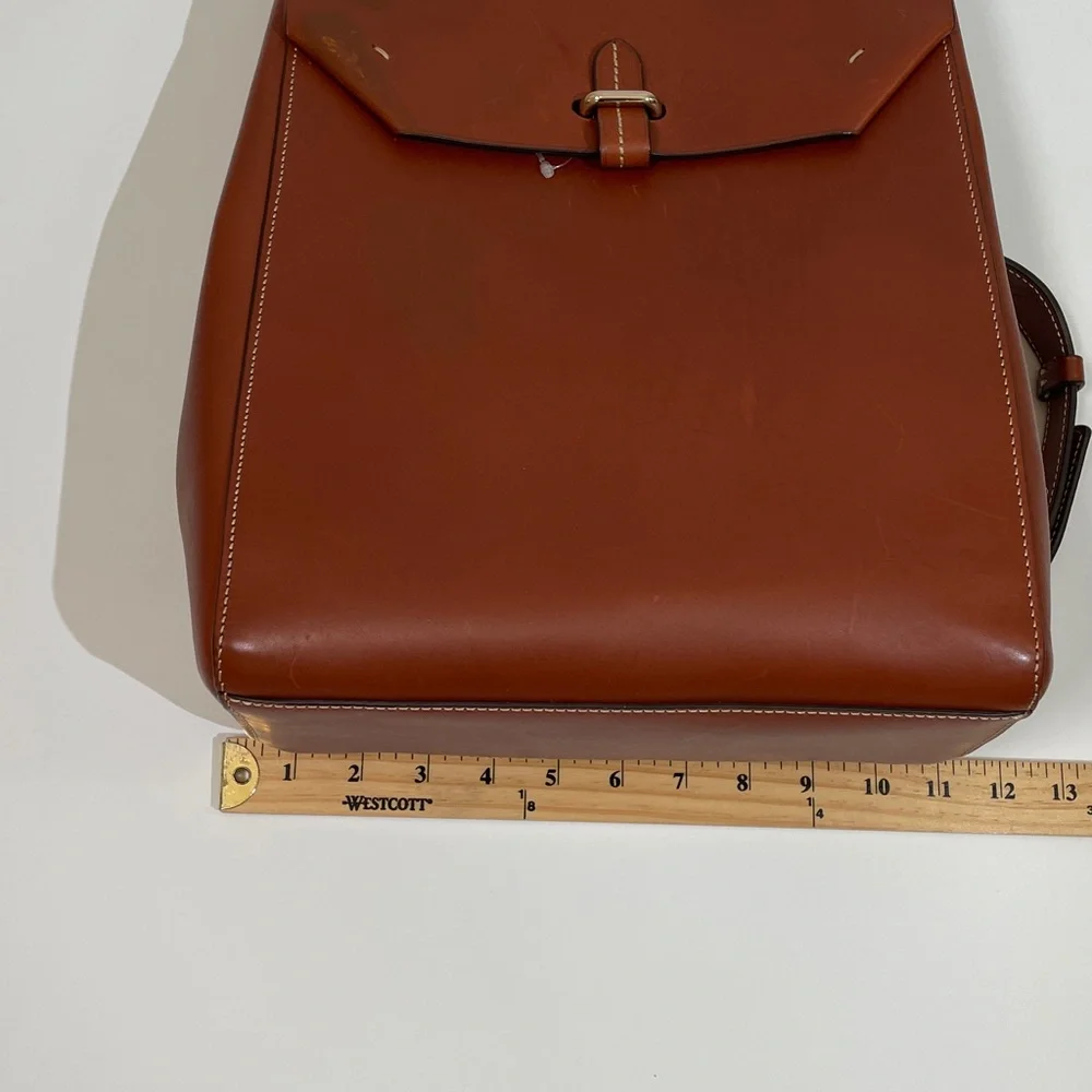 Paul Stuart 100% Leather Backpack Tan Brown Red Lining Gold Hardware